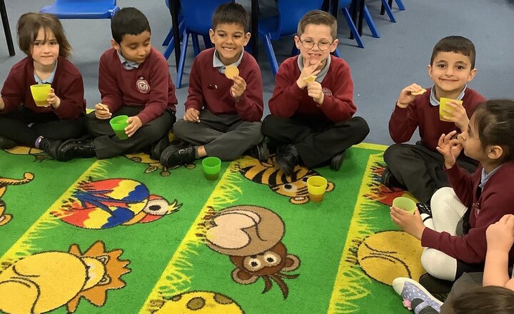 Image of Today in RE, we have been learning about the story of feeding the 5000. We had our own picnic and discussed the miracle that happened. We imaged sharing one biscuit and one drink between us all and we said it would not be enough.