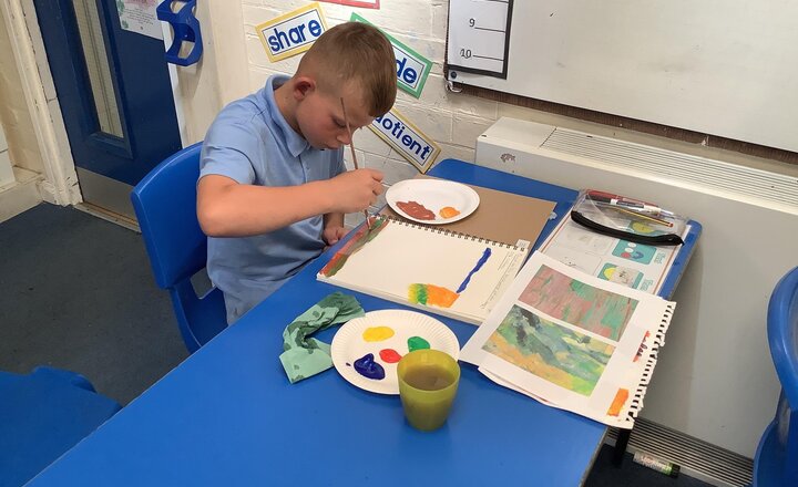 Image of This afternoon we have been practising our brush strokes in the style of Vincent Van Gogh and Paul Cezanne.