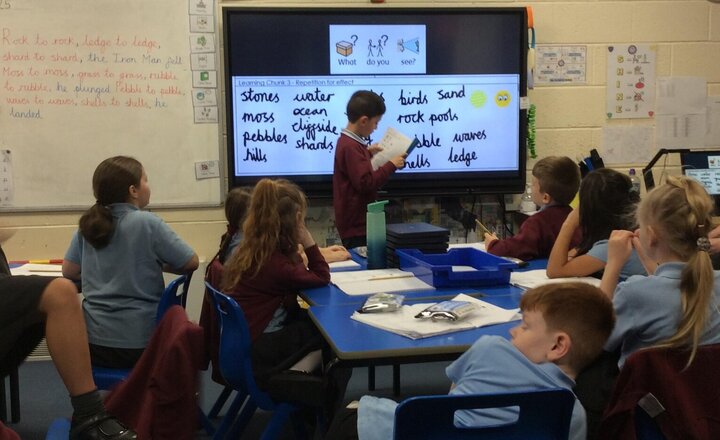 Image of Today in Year 4 English, we focused on powerful vocabulary to describe The Iron Man falling from the cliff. We then used our oracy skills to share our ideas, focusing on sounds and strong verbs like 'plunged.' Well done, Year 4!