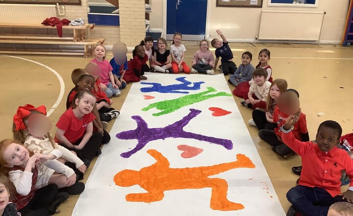 Image of Happy Love Day. Thank you to all parents for sending your children in red today, it was lovely to see everyone in their non-uniform! Today we have created some fantastic art inspired by Keith Haring! The children did a great job.