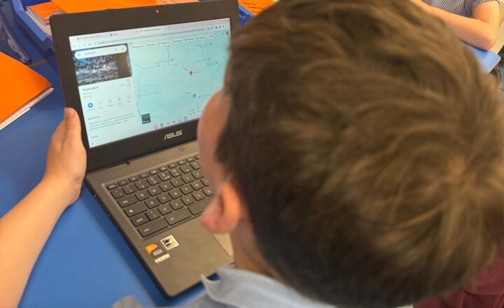 Image of We have been using Google maps for Geography this morning to find Pleasington and map a route back to Mill Hill.  Ask us what we have made sticky this morning. We have been geographers.