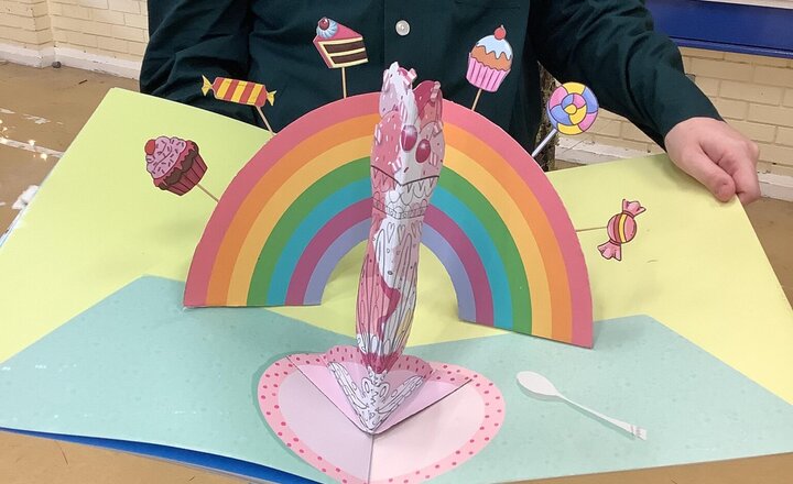 Image of It's DT week, and we're creating nursery rhyme pop-up cards! Our investigation began by exploring various pop-up books and nursery rhymes, and we even surveyed other classes for their preferences. Plus, we spotted a pop-up book in the 'Scrumptious' show!