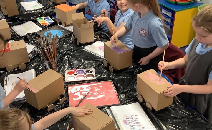 Image of More painting. Our vehicles are really starting to come together now! We can’t wait to decorate them this afternoon by adding some special features.