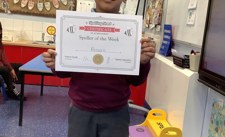 Image of Hassan is this week's speller of the week, he has scored 10/10 every single week and ALWAYS applies his spelling and phonetic knowledge to his writing in all areas of the curriculum. Well done Hassan!