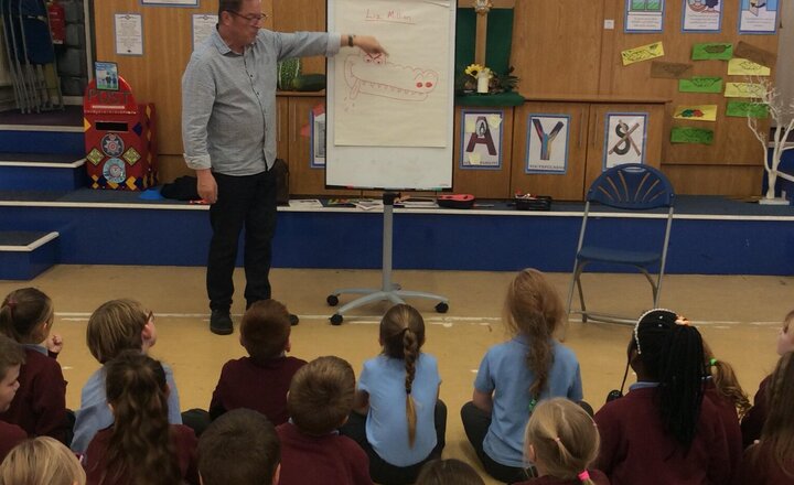 Image of Today we have had a visit from a famous poet, Paul Cookson. We enjoyed a whole school assembly, and then we had our session in Year, where he helped us to write a poem all about the Stone Age. We had so much fun!