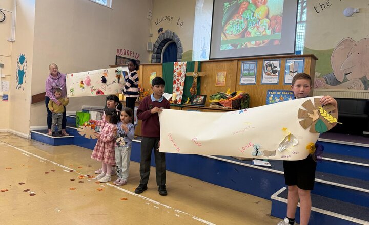 Image of During Harvest worship we were all invited to create a piece of work which reflected what would give thanks to God for. We had a range of different things, from plants, planets, trees, wildlife, men, women and life in all its forms.