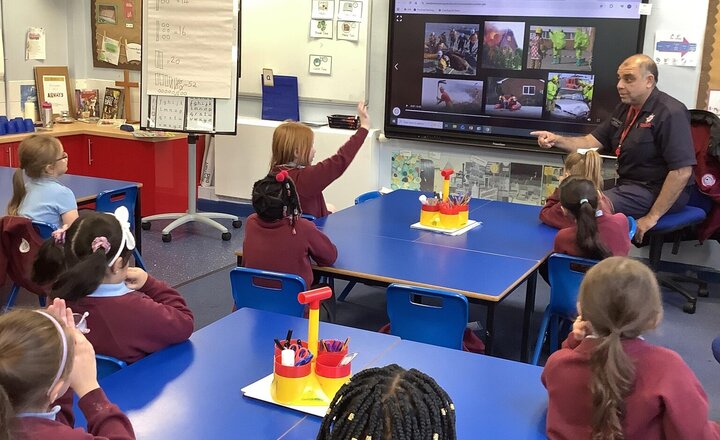 Image of What an exciting day! Year 2 had a visit from the Lancashire Fire and Rescue Service and learned how to Stop, Drop, and Roll!' We are officially fire safety experts! A huge thank you to the incredible Fire service for visiting us!