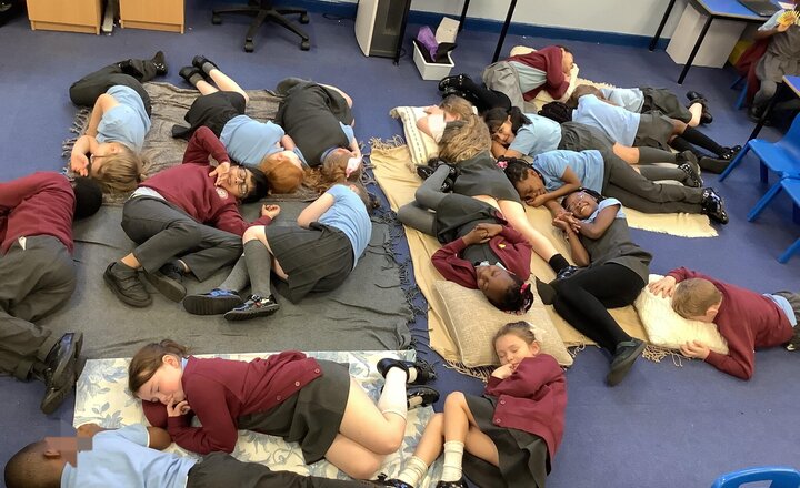 Image of Our Interfaith week in action! Yesterday we learnt about Buddhism. We created a safe, cosy space in our classroom and meditated. We then created lotus flowers as a sign of mindfulness and peace.