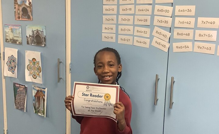 Image of Olivia is this weeks star reader .  Olivia wows us every week with multiple reads on the weekend showing us her love of learning. 