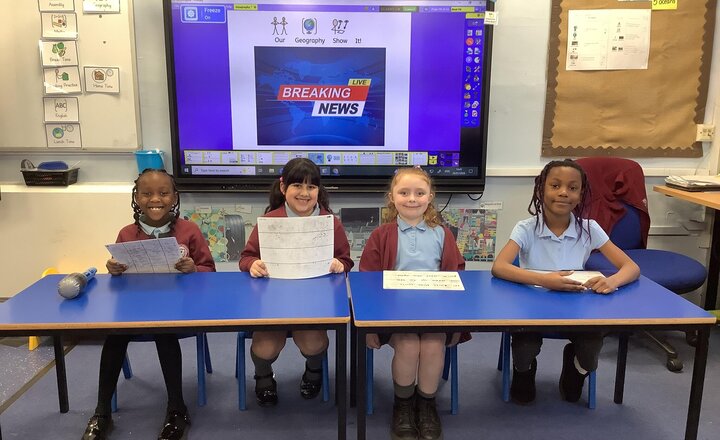 Image of Our Geography Show It! This week we used our Oracy skills and performed our Geography Show It. We did a News Report to show our sticky knowledge of everything we have learnt in our Local Area - Mill Hill topic.