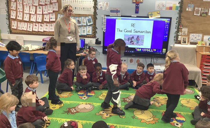 Image of In RE we had a special gift from clever cub who wanted to share an important story that Jesus had told! - The Good Samaritan. Reception understood how important it is to help when someone needs it.