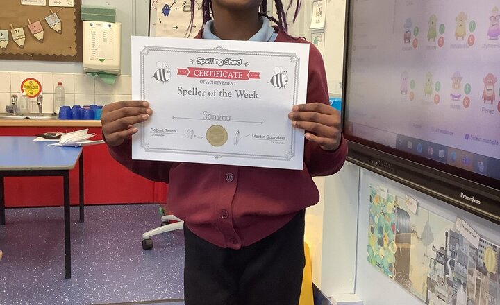 Image of Somma is this weeks speller of the week for the most improved score in the class and this week scoring 10/10.