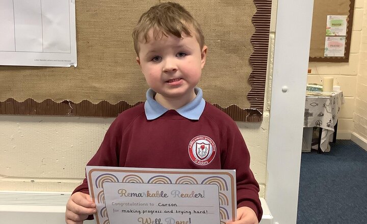 Image of Year 1's Reader of the week! This week our reader of the week has been selected for making fantastic progress. Well done Carson! You are a superstar!
