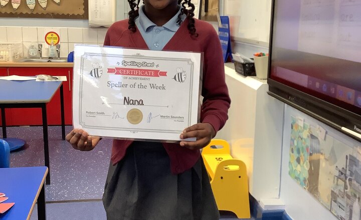 Image of Nana is this weeks speller of the week because she has achieved full marks in every spelling test this term. Well done Nana!