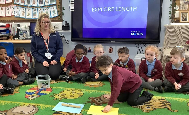 Image of In Maths, Reception have been learning about Length and Height. Using mathematical language and developing their oracy further using shorter/longer, taller/shorter/tallest!