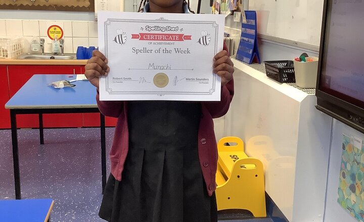 Image of Munachi is this weeks speller of the week because she has consistently practised her spellings on Spelling Shed and scored top marks.