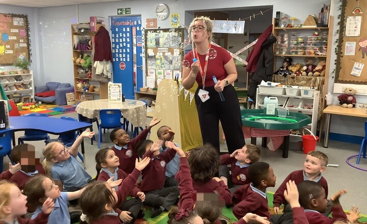 Image of Science Week: Bubble Fun! Reception learned that bubbles are stretchy, spherical, and rainbow-coloured. We also explored the science of making them using water, washing-up liquid, and glycerine.
