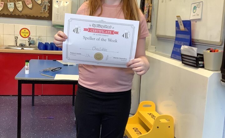 Image of Charlotte is this weeks speller of the week, she tries so hard in her spellings each week and has improved her spelling shed score significantly.