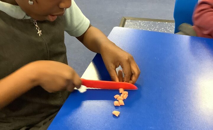 Image of This afternoon we learnt how to cut safely using the bridge and claw position. We used play dough to create a tomato and cucumber to prepare us for cutting our own chosen fruit and vegetables tomorrow.