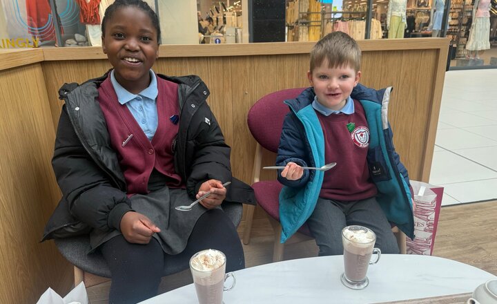 Image of Reading Challenge Winners! Out celebrating our winners this morning from the Reading Challenge.  We’ve chosen a book each and had a nice hot chocolate with lots of whipped cream, marshmallows and sprinkles.