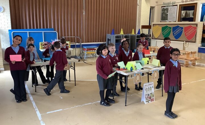 Image of Today year 3 showcased our History Show It to year 5.  There was Egyptian artefacts labelled and names in hieroglyphics.  Year 3 demonstrated their sticky knowledge and made us very proud.