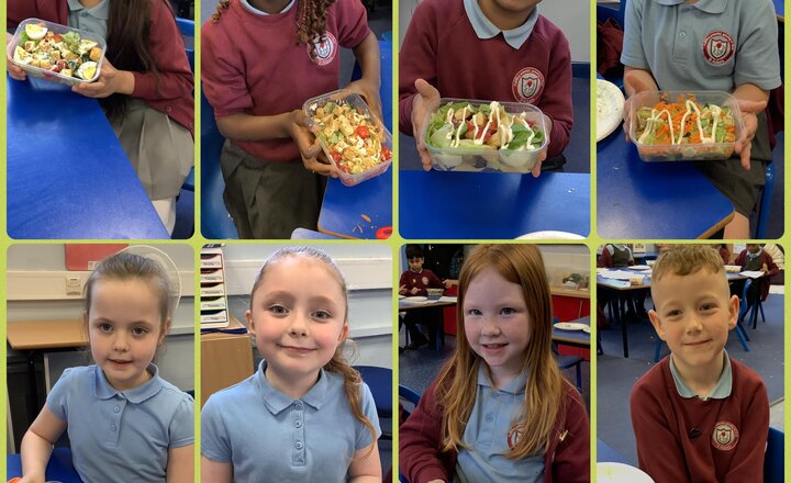 Image of Our finished DT salads. What fantastic creativity and resilience the children have shown throughout the week. Each child met the design criteria of creating a delicious, healthy and colourful salad. 