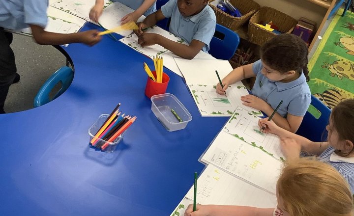 Image of Super writing in Reception, thinking about what they would like at the top of the beanstalk! ✍🏼🤩