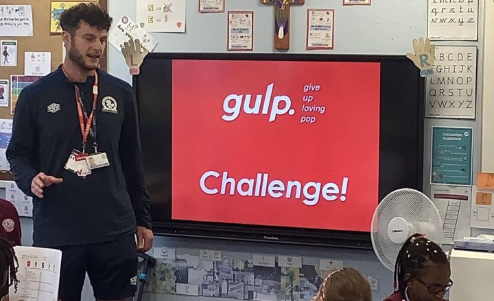 Image of Today we have a lesson on sugary drinks from Blackburn rovers (GULP) our challenge is to reduce our sugar intake, please help us at home 🧃
