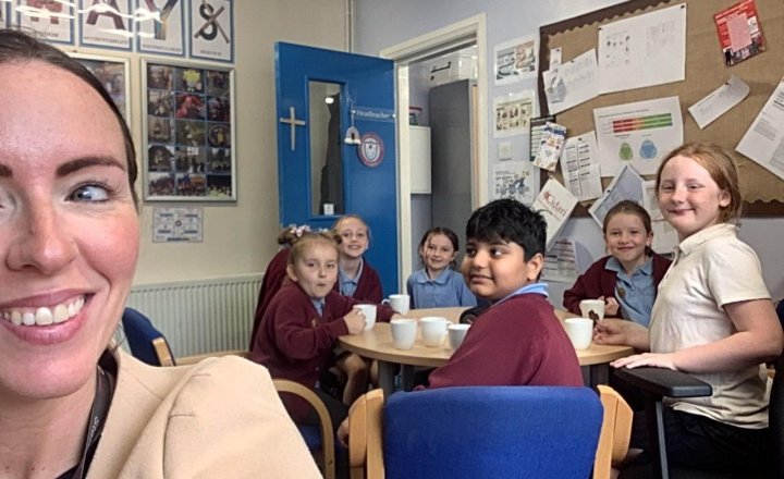 Image of Today’s VIP children with Mrs Harrison. Hot chocolates and biscuits to celebrate being recognised for hard work and good behaviour. Perfect way to warm up on a wet Thursday!