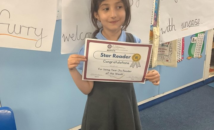 Image of Our star reader of the week in year 3 is Sophia.  She has not only returned her book signed, read multiple times but also shown excellent understanding of her chosen book. Well done ✅