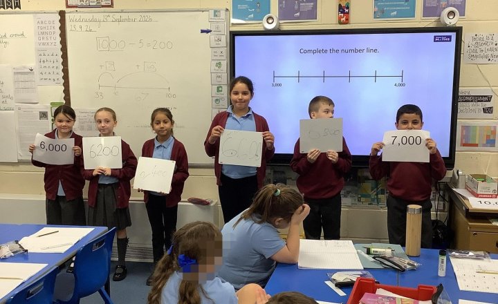 Image of Number lines but practical! We made human number lines to help us understand that they can have a different number of intervals and therefore count up in different amounts.