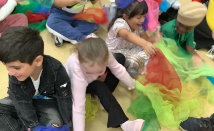 Image of Fun with Vegetable Stu 🥦 We’ve had so much fun this morning with scarves🧣 We had to throw it in the air while playing heads shoulders knees and toes.