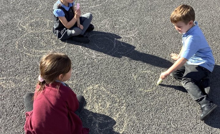 Image of Last week in Art, we created spirals using another different medium. We used chalk on the playground in the sunshine☀️ They did a super job!🌀