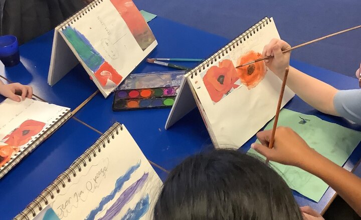 Image of Look at the amazing Art work we have created this afternoon! We have created Art in the style of the artist - Georgia O’Keefe. The children had so much fun.