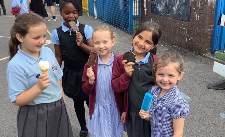 Image of Wow! What a fantastic treat to celebrate the end of the school year. This morning an ice cream van came to school. We are very lucky! We each enjoyed a cool treat in the sunshine.