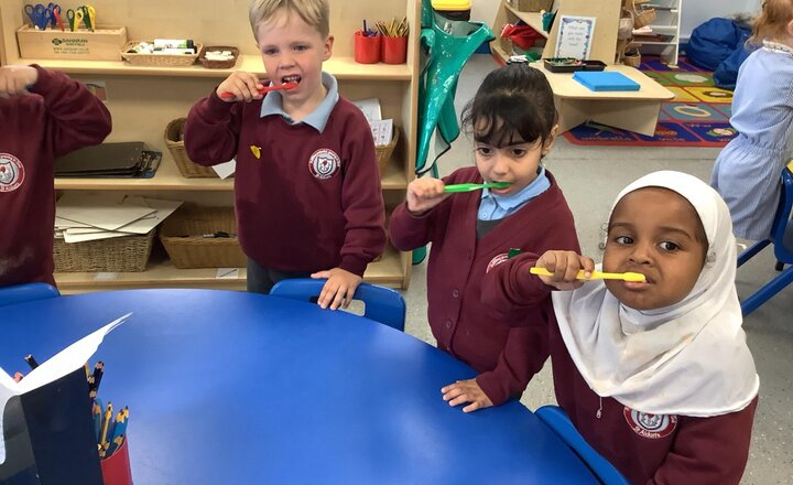 Image of We had a visit from 2 Dental Practitioners today. We spoke about keeping our teeth clean and healthy and had our first tooth brushing session. We will be brushing our teeth daily now. 