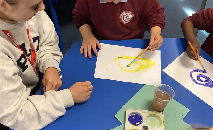 Image of This week in Art, we have been creating spirals using a different medium. We used paints in the primary colours. They did a fantastic job!