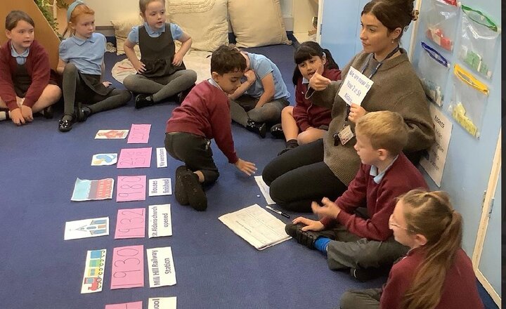 Image of In History this term we are learning about our local area - Mill Hill. This week we used a timeline to help our understanding of the past. The children thoroughly loved this activity. Did you know our school is 100 years old?