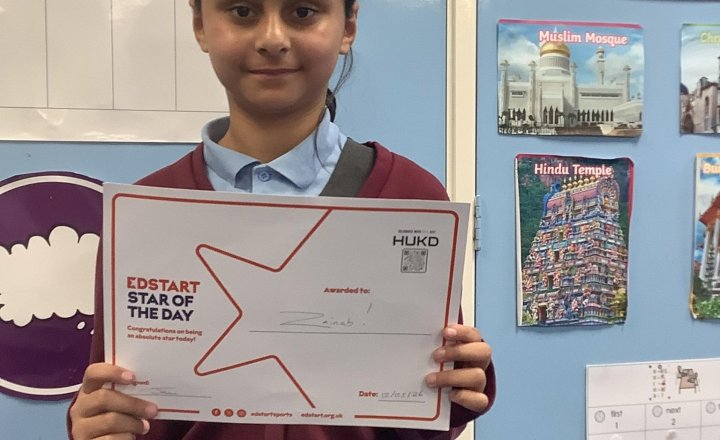 Image of Our Ed start PE award this week for her efforts is Zainab.
