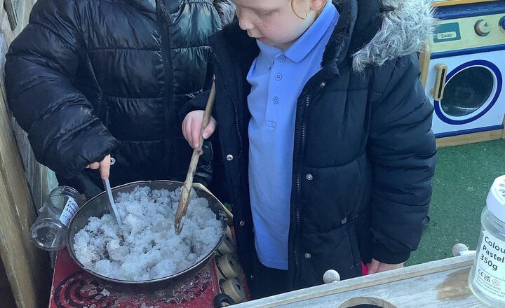 Image of We enjoyed playing with the ice today.  We spoke about reversible change- the water turned to ice and then back to water. We linked this learning back to when we made cakes- irreversible change.