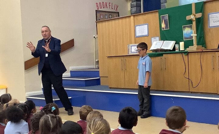 Image of Thank you to Archdeacon David who led our worship this morning. Cameron enjoyed wearing the 'super power' sunglasses that he brought with him.
