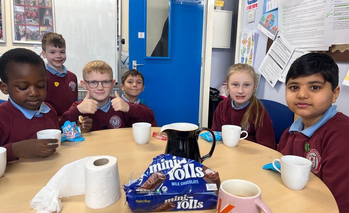 Image of Here are this week's VIPs in action. Enjoying a before break pack of treat and hot chocolate. Well done for all your hard work this week and what you have achieved.