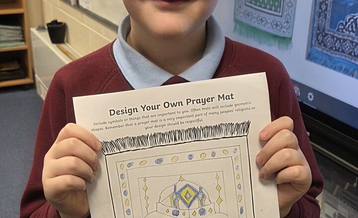 Image of A Hands-On Look at Islamic Faith: Today, Faith Week exploration centered on the practice of Salat (Islamic prayer). After studying the different names and times of the daily prayers, the children then created their own prayer mats.