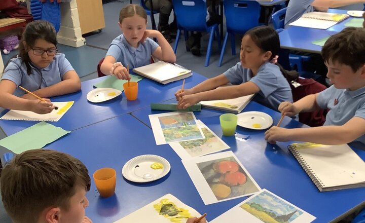 Image of What a fantastic art lesson yesterday! We have been exploring the exciting technique of Impasto, applying thick layers of paint to create texture and depth. We focused on recreating a small section of Vincent Van Gogh’s ‘Wheat Fields with Cypresses’.