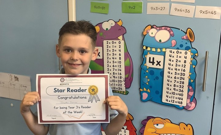Image of This week's reader of the week is JJ. He has shown excellent understanding and had his reading record signed multi times by his family on the weekend.