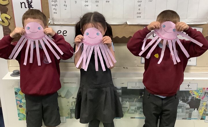 Image of Today we have been practising our skills for DT week. Our first skill was cutting; we made our own jellyfish.