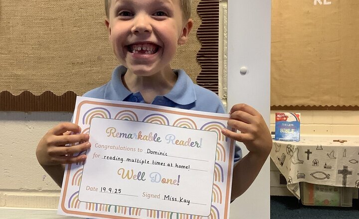 Image of This week our reader of the week has been selected for returning his book on time and reading multiple times are home. Well done Dominic! You are a superstar.