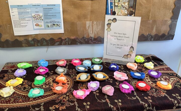 Image of We are learning about Diwali in Reception! We have made Diva Lamps and Rangoli  Patterns. Ask your child about this at home.