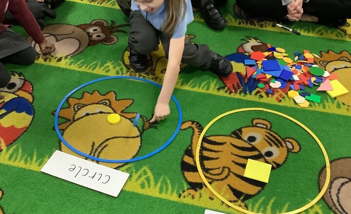 Image of In Maths, we are continuing to look at shape and we are now learning about 2D-shapes. Today, we have grouped the shapes and put them into the correct hoops. We will be continuing this next week in our provision!