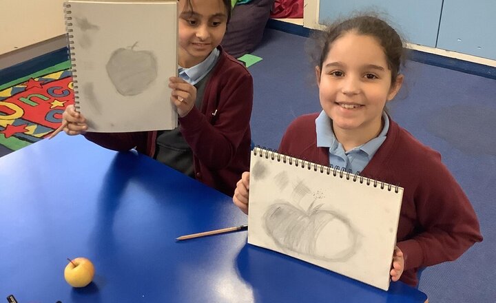 Image of Today in Art we have created observational drawings of fruit. The children have shown creativity and resilience. We have used Soft B pencils to use different techniques such as: hatching, cross hatching, stippling, smudging and scaling. Well done Year 2!